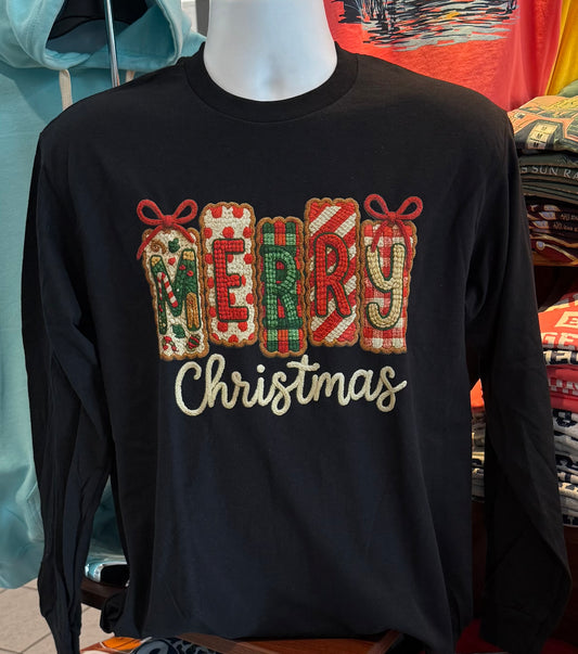Merry Christmas Latch Hook Yarn Graphic T-shirt (Long Sleeve Sleeve Black)