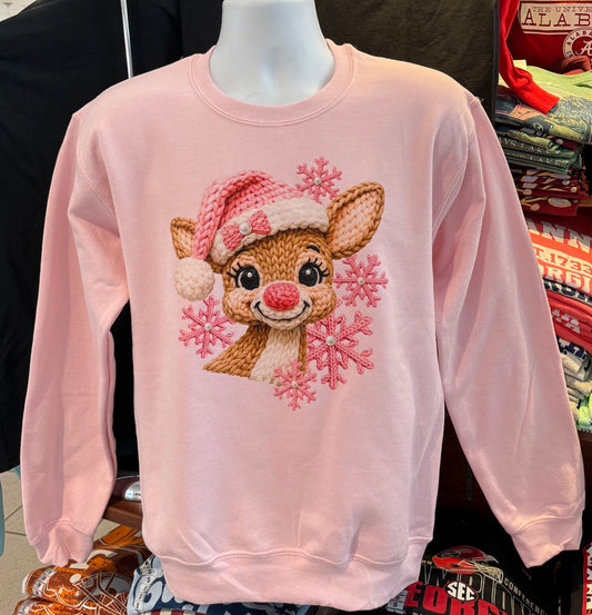 Christmas “Reindeer with Snow Flakes Crochet Crew Fleece” (Light Pink Sweatshirt)