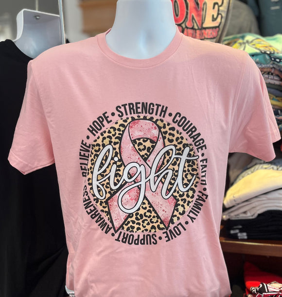 October Breast Cancer Awareness T-shirt - “Leopard Fight” (Short Sleeve Light Pink)