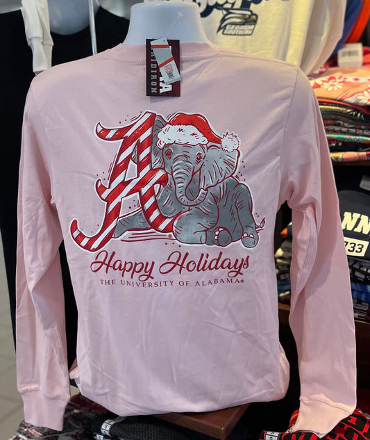 Alabama Crimson Tide Christmas Elephant Long Sleeve Tee (Light Pink)