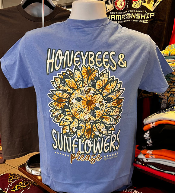 It’s A Girl Thing T-Shirt - Honeybees and Sunflowers (Short Sleeve Carolina Blue)