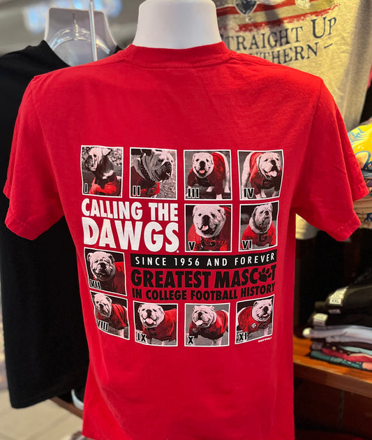 Georgia Bulldogs T-shirt - “Calling the Dawgs - UGA I to XI” (Comfort Colors Short Sleeve Red)