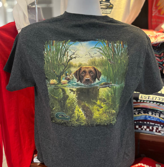 Chocolate Lab in Marsh Short Sleeve Tee (Dark Heather gray)