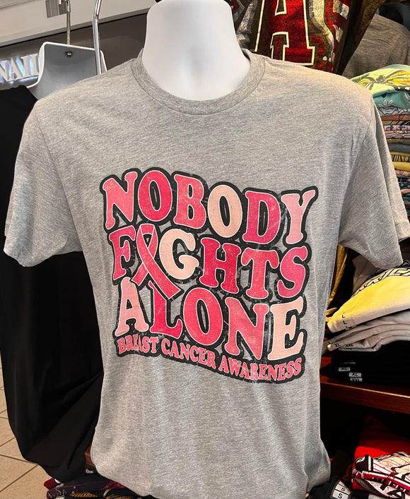 October Breast Cancer Awareness T-shirt - “Nobody Fights Alone” (Short Sleeve Sports Gray)