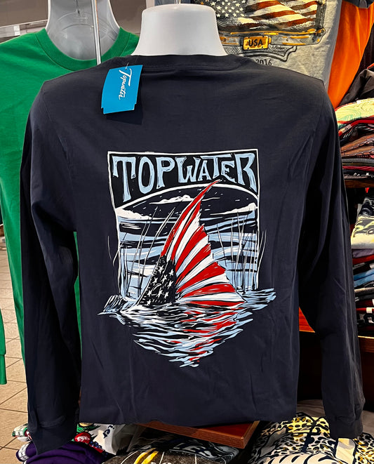 Topwater “Patriotic Tailing Redfish” (Long Sleeve Navy)