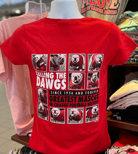 Georgia Bulldogs T-shirt - “Calling the Dawgs - Uga I to XI” (V-Neck Short Sleeve Red)