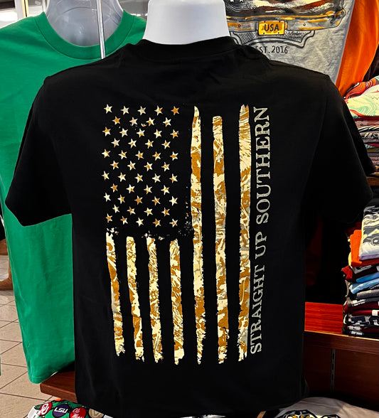 Straight Up Southern T-Shirt - Camo Flag (Short Sleeve Black)