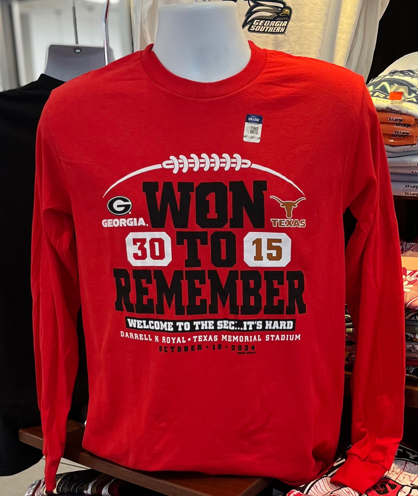 Georgia Bulldogs T-shirt - “2024 UGA vs Texas Score Shirt - Won to Remember” (Long Sleeve Red)