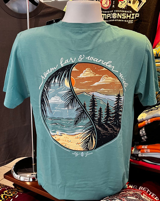 Lily Grace T-Shirt - “Roam Far and Wander Wide” (Short Sleeve Seafoam)