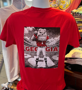 Georgia Bulldogs T-shirt - “Hairy Dawg - Sanford Stadium Sketch” (Short Sleeve Red)