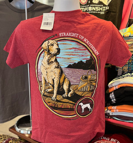 Straight Up Southern T-Shirt - Lab on Dock (Short Sleeve Heather Cardinal)