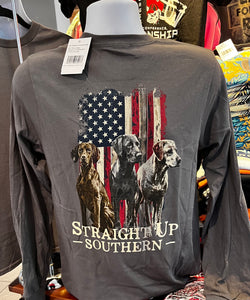 Straight Up Southern T-Shirt - “3 Dogs America” (Long Sleeve Charcoal)