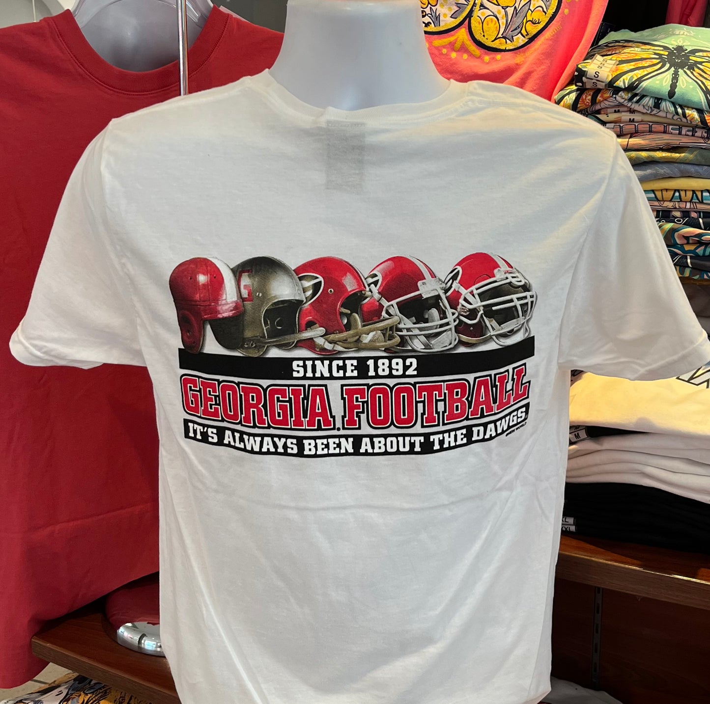 Georgia Bulldogs T-shirt - “It’s Always Been about the Dawgs - Football Helmets Since 1892” (Short Sleeve White)