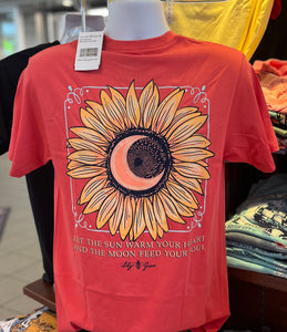 Lily Grace T-Shirt - “Sunflower Moon - Let the Sun Warm Your Heart and the Moon Feed Your Soul” (Short Sleeve Coral)