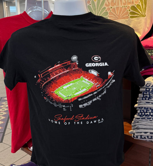 Georgia Bulldogs T-shirt - “Sanford Stadium at Night - The Home of the Dawgs Graphic Tee” (Short Sleeve Black)