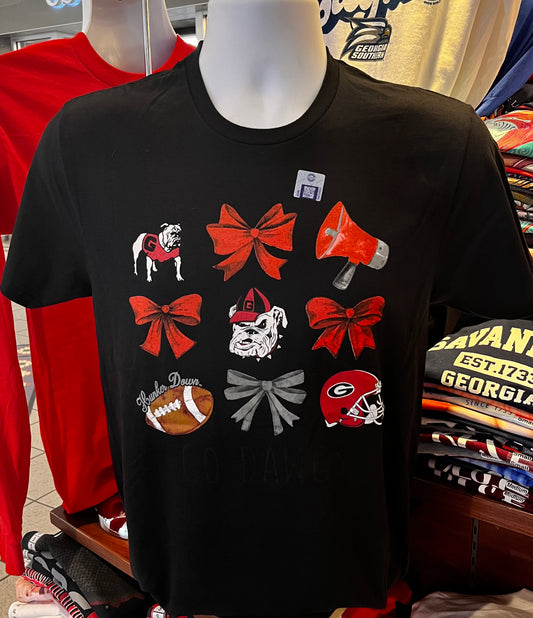 Georgia Bulldogs T-shirt - “Bulldog Spirit with Watercolor Bows” (Short Sleeve Black)