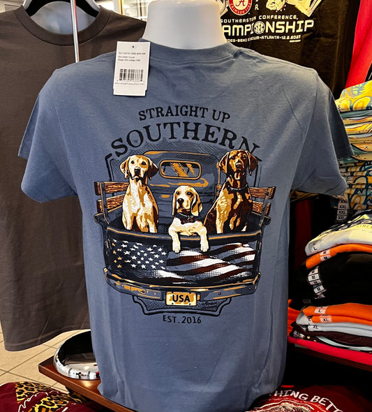 Straight Up Southern T-Shirt - USA Truck with 3 Dogs (Short Sleeve Indigo)