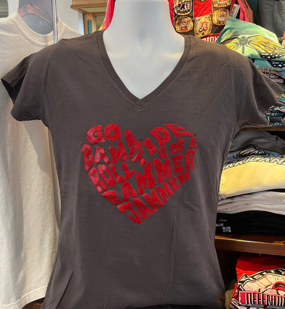 Alabama Crimson Tide T-Shirt - “Ladies Glitter Heart” (Ladies Short Sleeve Charcoal)