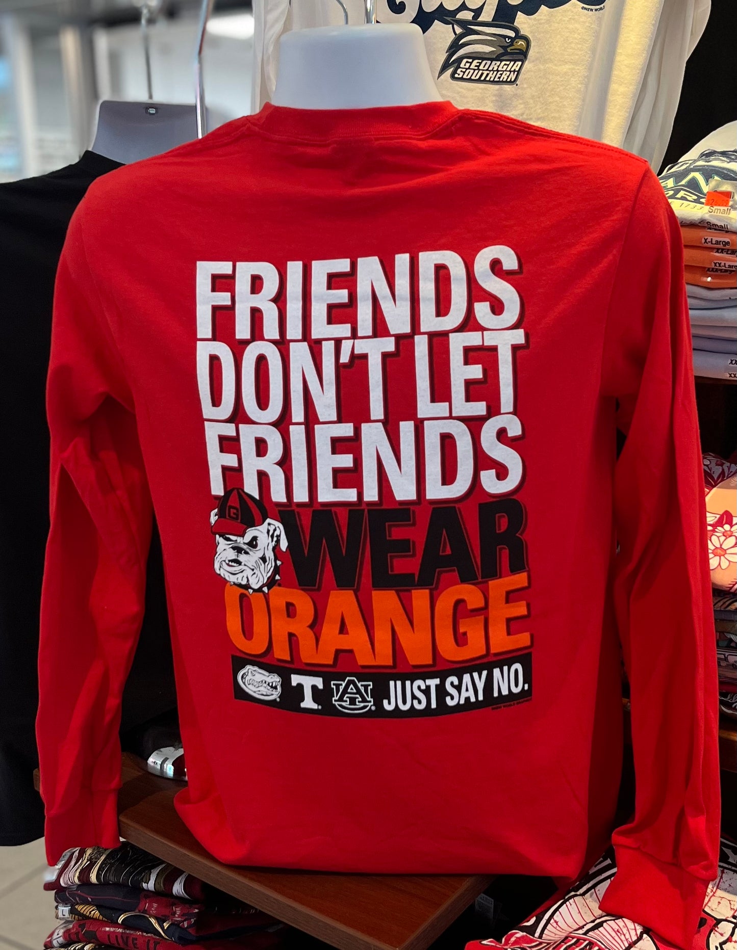 Georgia Bulldogs T-shirt - “Friends Don’t Let Friends Wear Orange” (Long Sleeve Red)