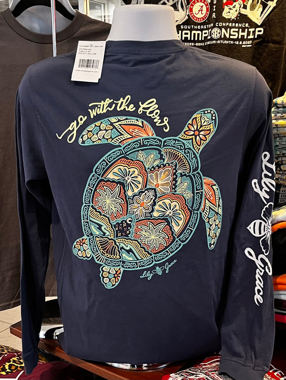 Lily Grace T-Shirt - ”Go with the Flow - Turtle” (Long Sleeve Navy)