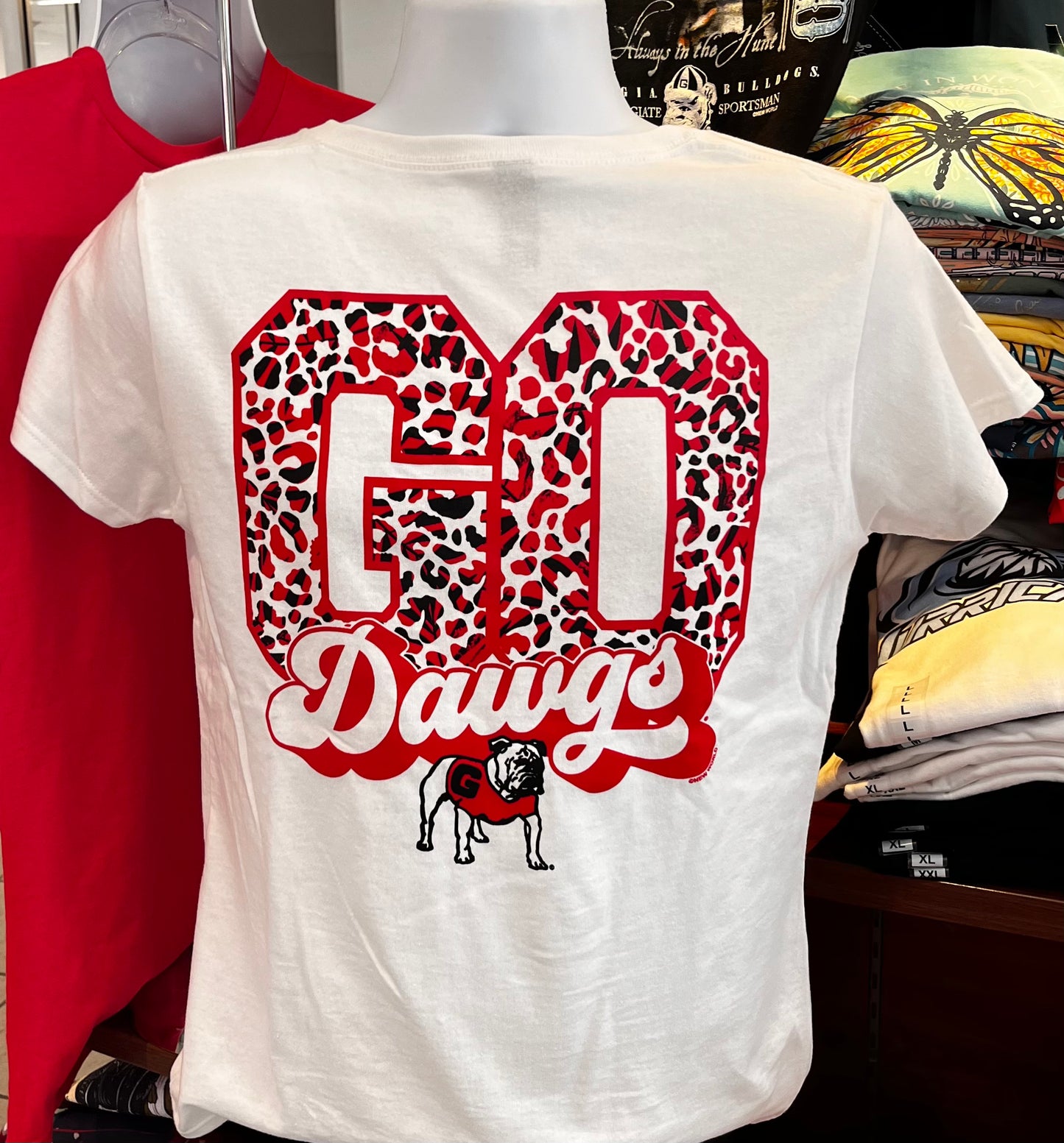 Georgia Bulldogs T-shirt - “Leopard Go Dawgs” (V-Neck Short Sleeve White)