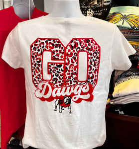 Georgia Bulldogs T-shirt - “Leopard Go Dawgs” (V-Neck Short Sleeve White)