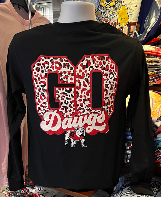 Georgia Bulldogs T-shirt - “Go Dawgs Leopard Print Graphic Tee” (Long Sleeve Black)