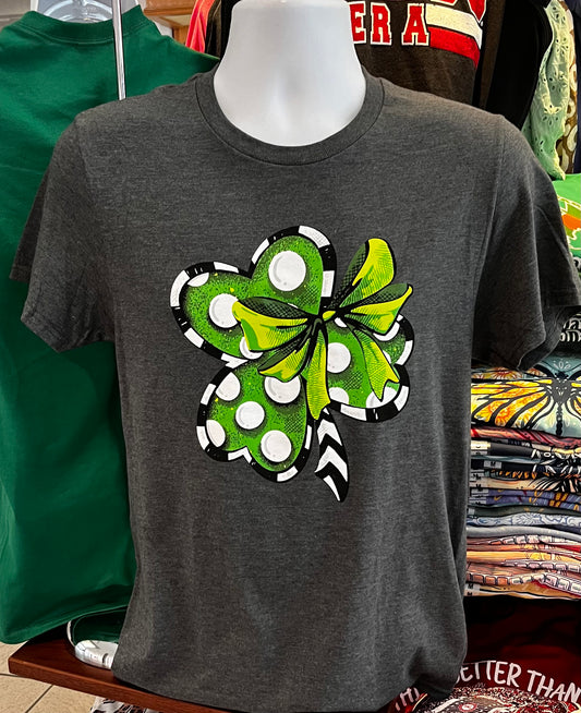 St. Patrick’s Day “Shamrock Bow”  Short Sleeve (Heather Gray)