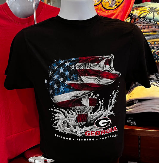 Georgia Bulldogs T-shirt - “Patriotic Bass - Freedom, Fishing, Football - Big Mouth Fans” (Short Sleeve Black)