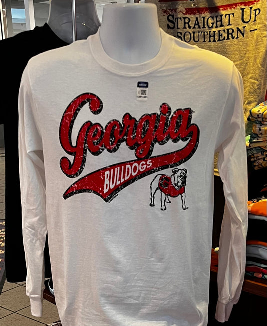 Georgia Bulldogs T-shirt - “Distressed Georgia Bulldogs” (Long Sleeve White)