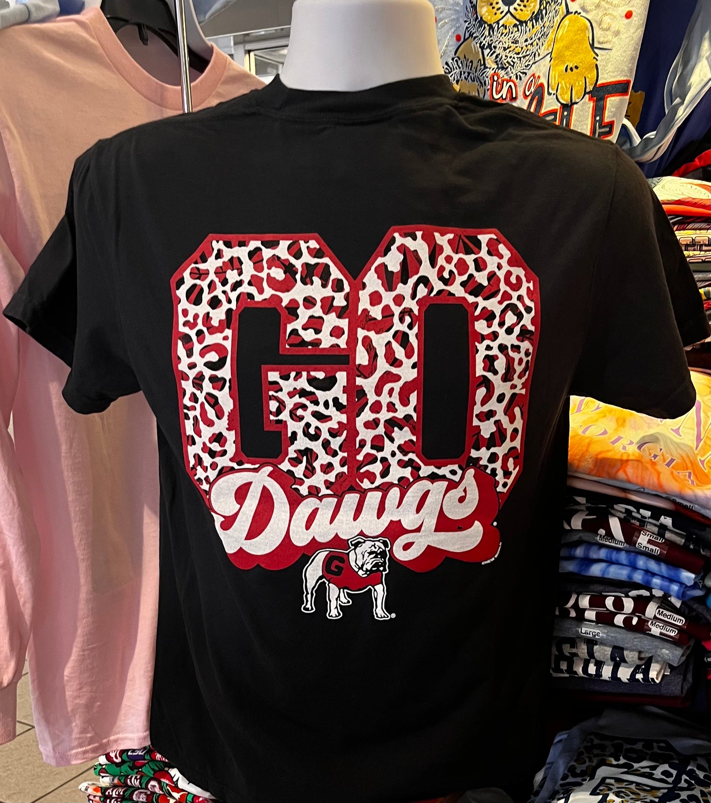 Georgia Bulldogs T-shirt - “Go Dawgs Leopard Print Graphic Tee” (Comfort Colors Short Sleeve Black)