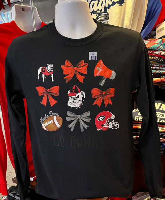 Georgia Bulldogs T-shirt - “Bulldog Spirit with Watercolor Bows” (Long Sleeve Black)