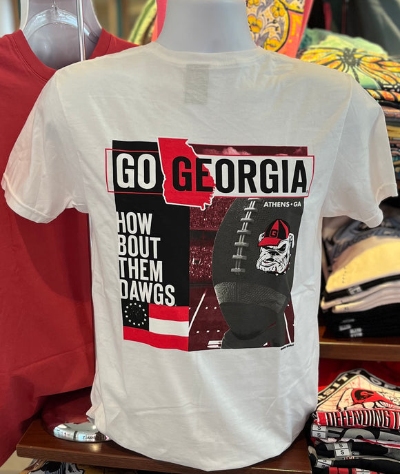 Georgia Bulldogs T-shirt - “Go Georgia - How ‘Bout Them Dawgs”” (Short Sleeve White)