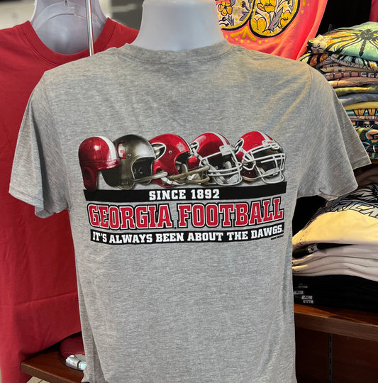 Georgia Bulldogs T-shirt - “It’s Always Been about the Dawgs - Football Helmets Since 1892” (Short Sleeve Sport Gray)