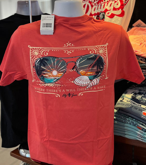 Lily Grace T-Shirt - “Beach Sunglasses” (Short Sleeve Coral)