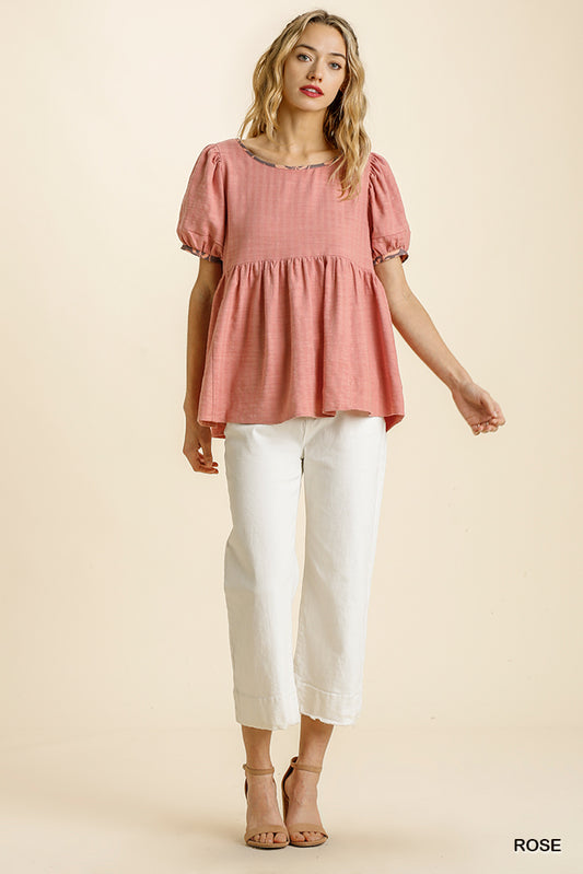 TSS  Linen Blend Round Neck Short Puff Sleeve (Rose)