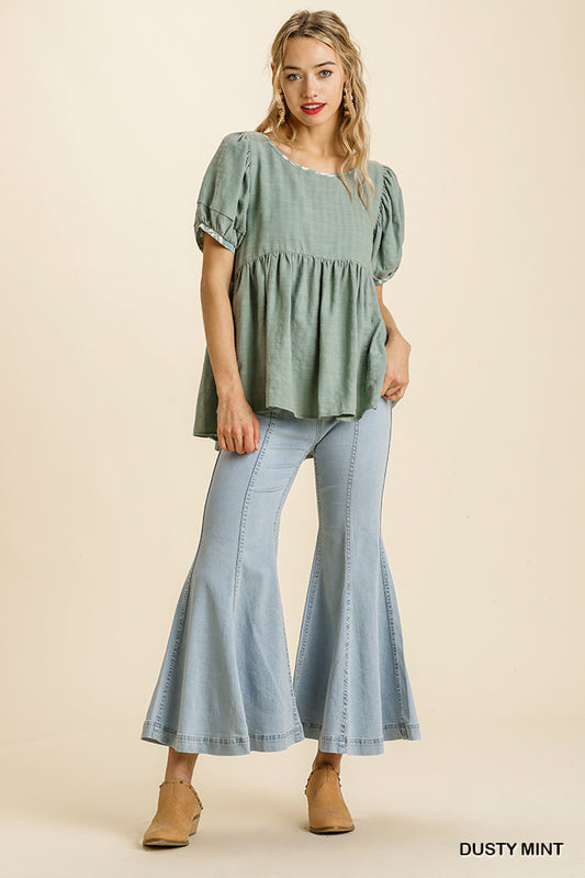 TSS  Linen Blend Round Neck Short Puff Sleeve (Dusty Mint)”