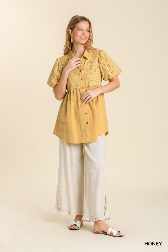 TSS Eyelet Puff Sleeve Collared Button Up Tunic (Honey