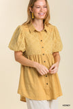 TSS Eyelet Puff Sleeve Collared Button Up Tunic (Honey