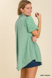 TSS Eyelet Puff Sleeve Collared Button Up Tunic (Mint Green)
