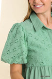 TSS Eyelet Puff Sleeve Collared Button Up Tunic (Mint Green)