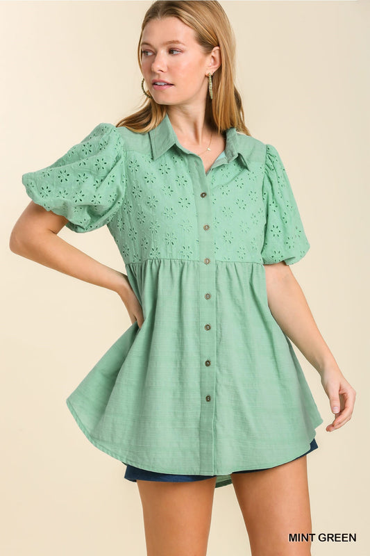 TSS Eyelet Puff Sleeve Collared Button Up Tunic (Mint Green)