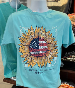 Lily Grace T-Shirt - Sunflower “Home Grown” (Short Sleeve Turquoise)
