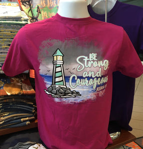 Lighthouse - Joshua 1:9 “Be Strong and Courageous” Short Sleeve Tee (Berry)