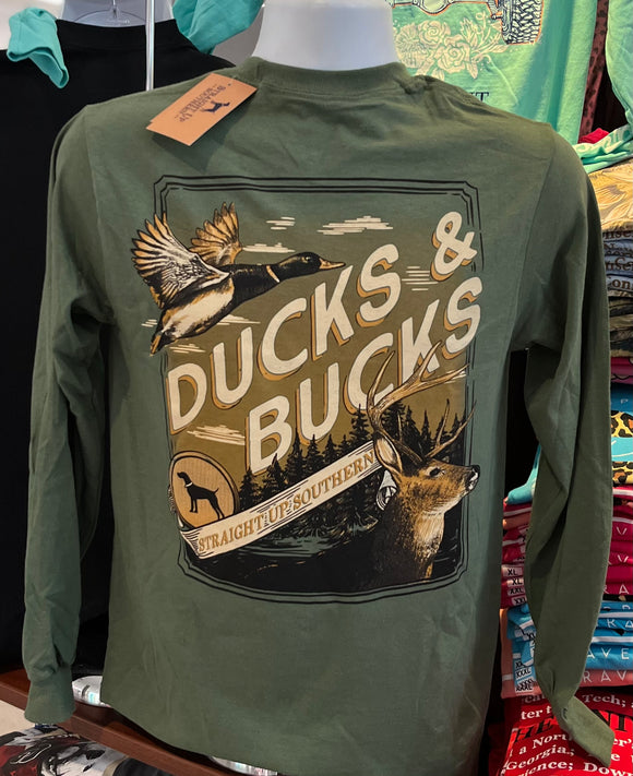 Straight Up Southern T-Shirt - “Ducks and Bucks” (Long Sleeve Military Green)