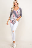 Heather Grey V-neck Tie Dye with Solid Long Sleeve