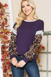 TSS Purple Long Sleeve Top with Light Gray and Leopard Accented Sleeves