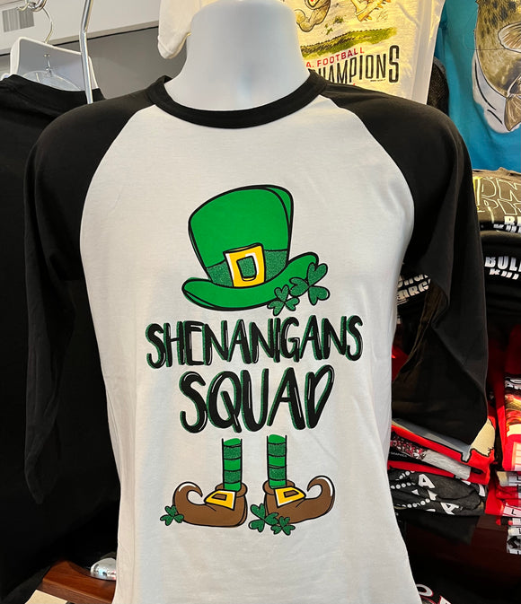 St. Patrick’s Day “Shenanigans Squad” Raglan (Black/White)