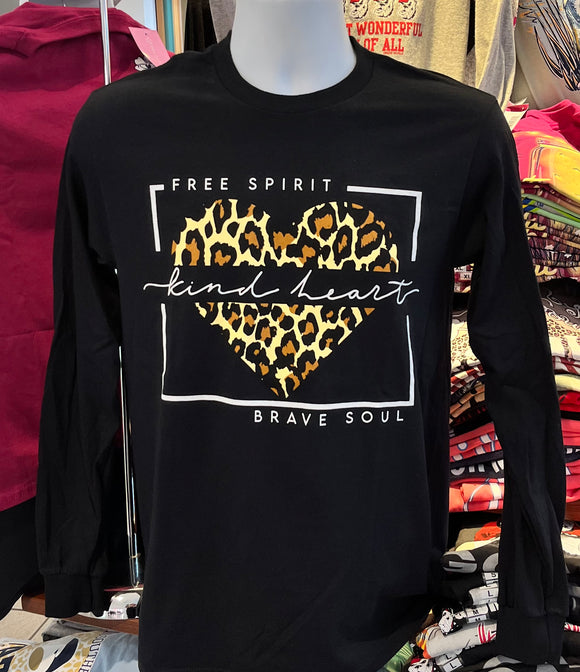 Free Spirit, Kind Heart, Brave Soul Leopard Heart Long Sleeve (Black)