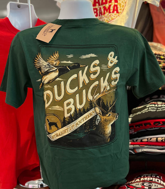 Straight Up Southern T-Shirt - “Ducks and Bucks” (Short Sleeve Hunter Green)
